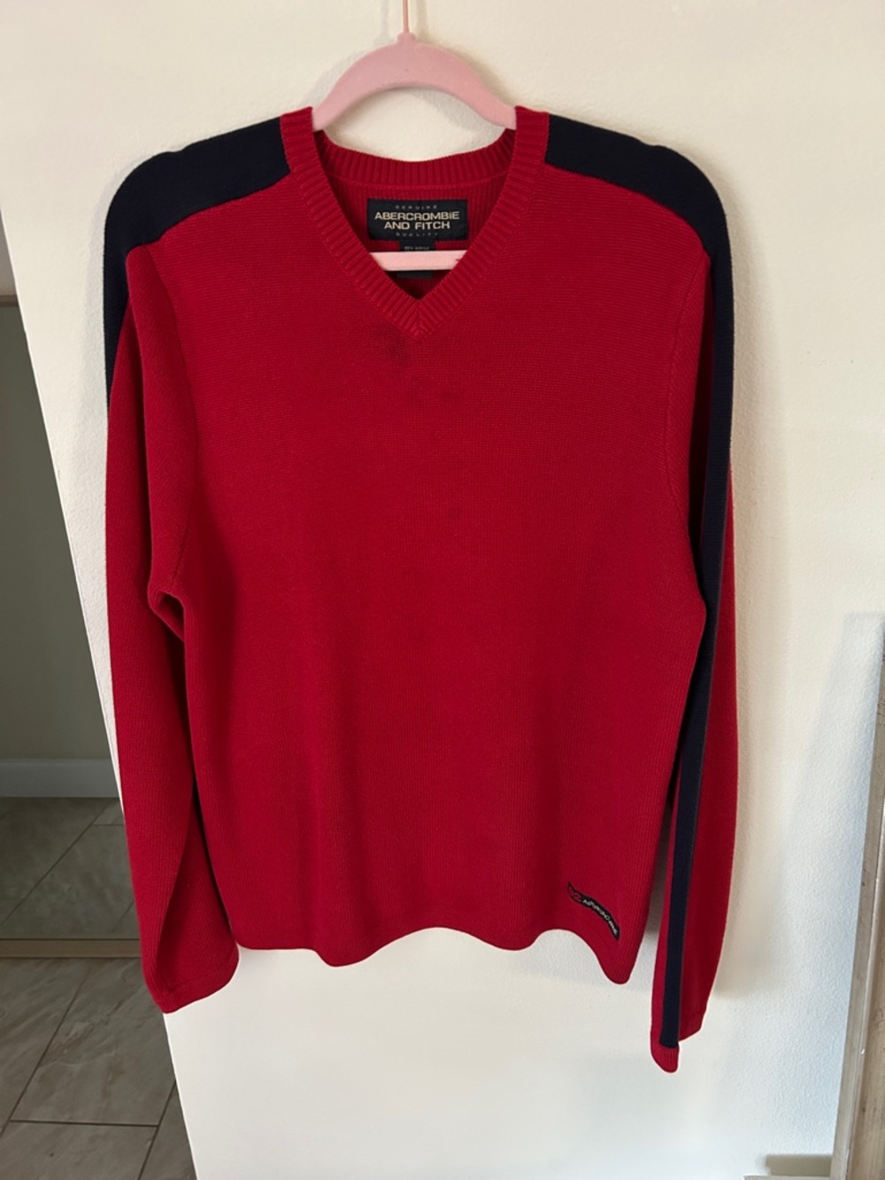 Vtg Abercrombie Y2K 90’s red navy stripe cotton v neck mens sweater L
